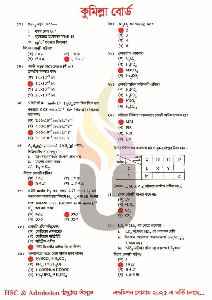 Comilla Board Chemistry 1st Paper MCQ Answer 2025