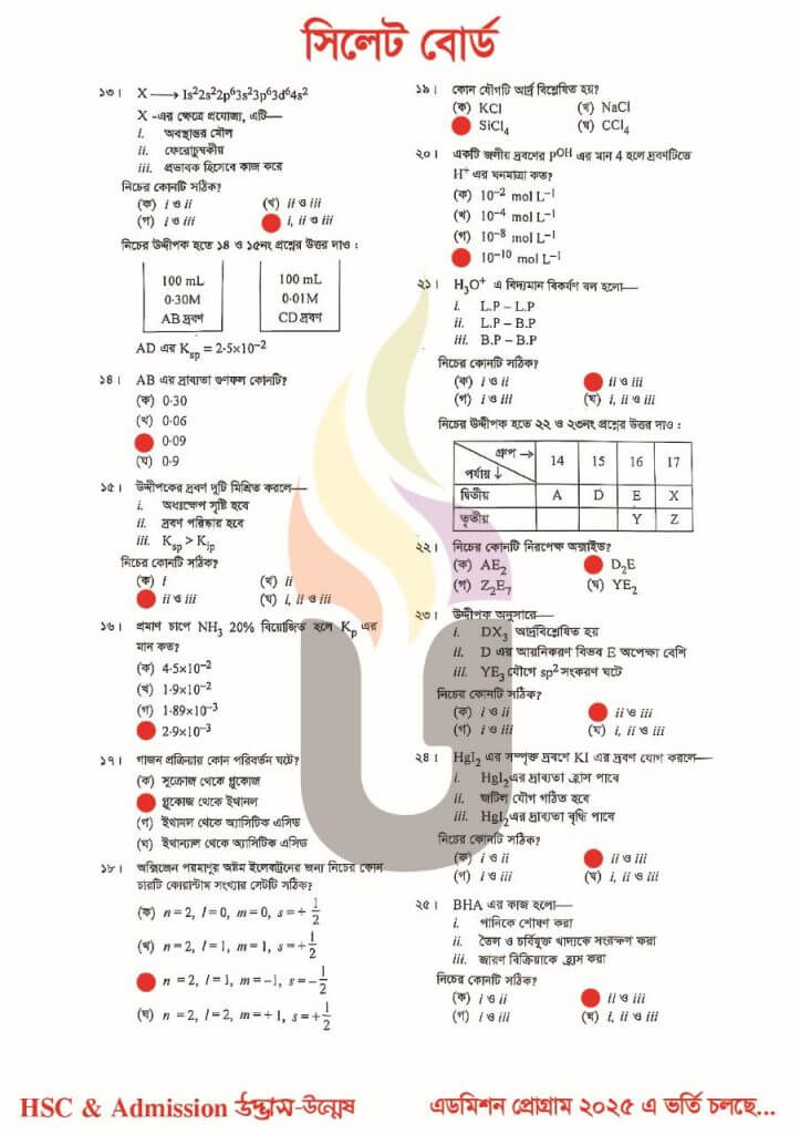 Sylhet Board Chemistry 1st Paper MCQ উত্তর 2025 